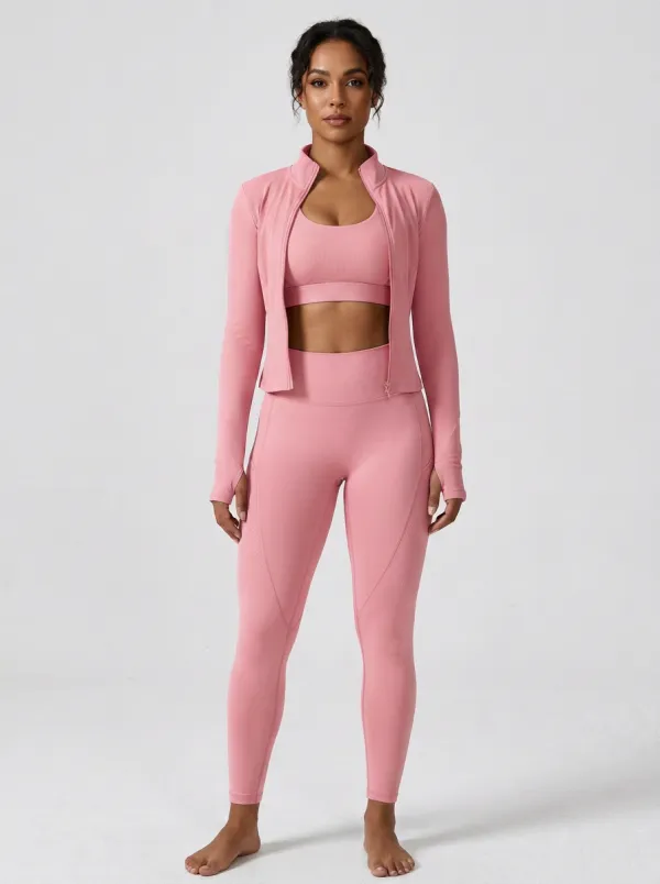 Athletic Ribbed Texture Style Women's Three Piece Activewear Set