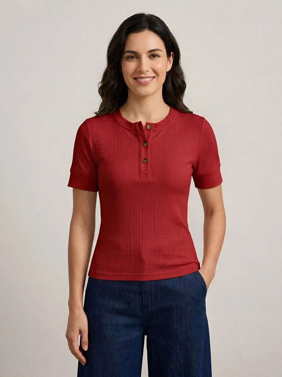 Women's Casual Minimalist Beige Ribbed Button-Up Henley Shirt