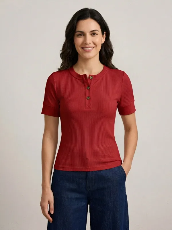 Women's Casual Minimalist Beige Ribbed Button-Up Henley Shirt