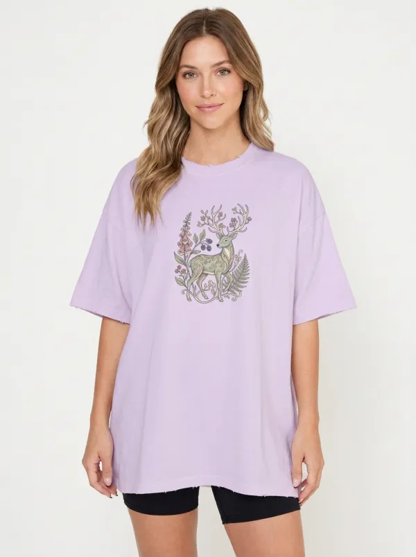 Women's Nature Forest Deer Floral Graphic T-Shirt