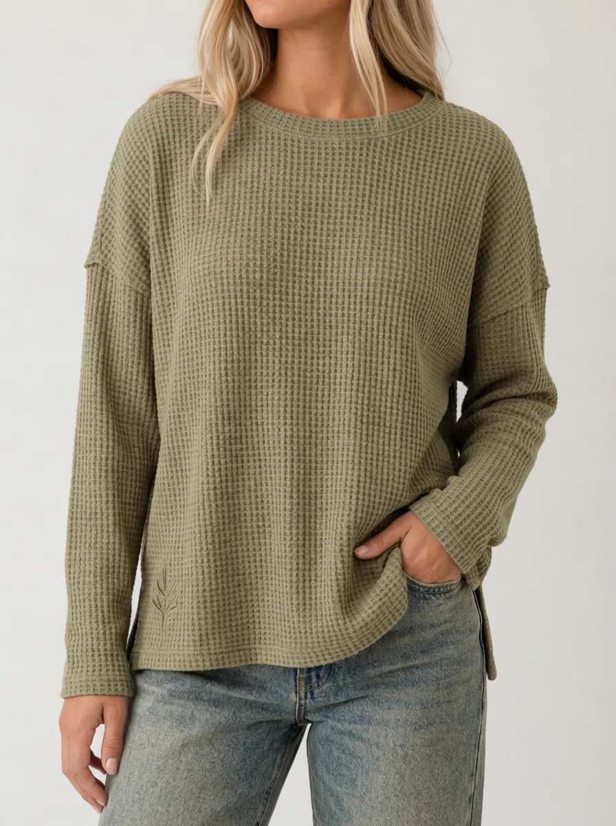 Relaxed Everyday Waffle Knit Leaf Embroidered Long Sleeve Top
