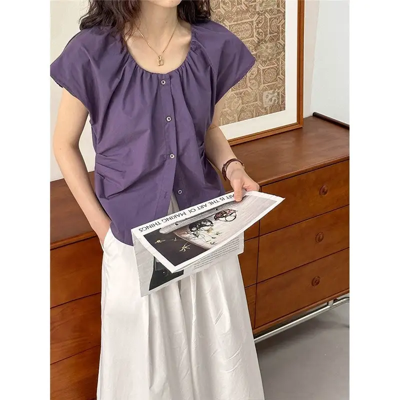 Streamlined Short Waist Tie Flutter Sleeve Shirt