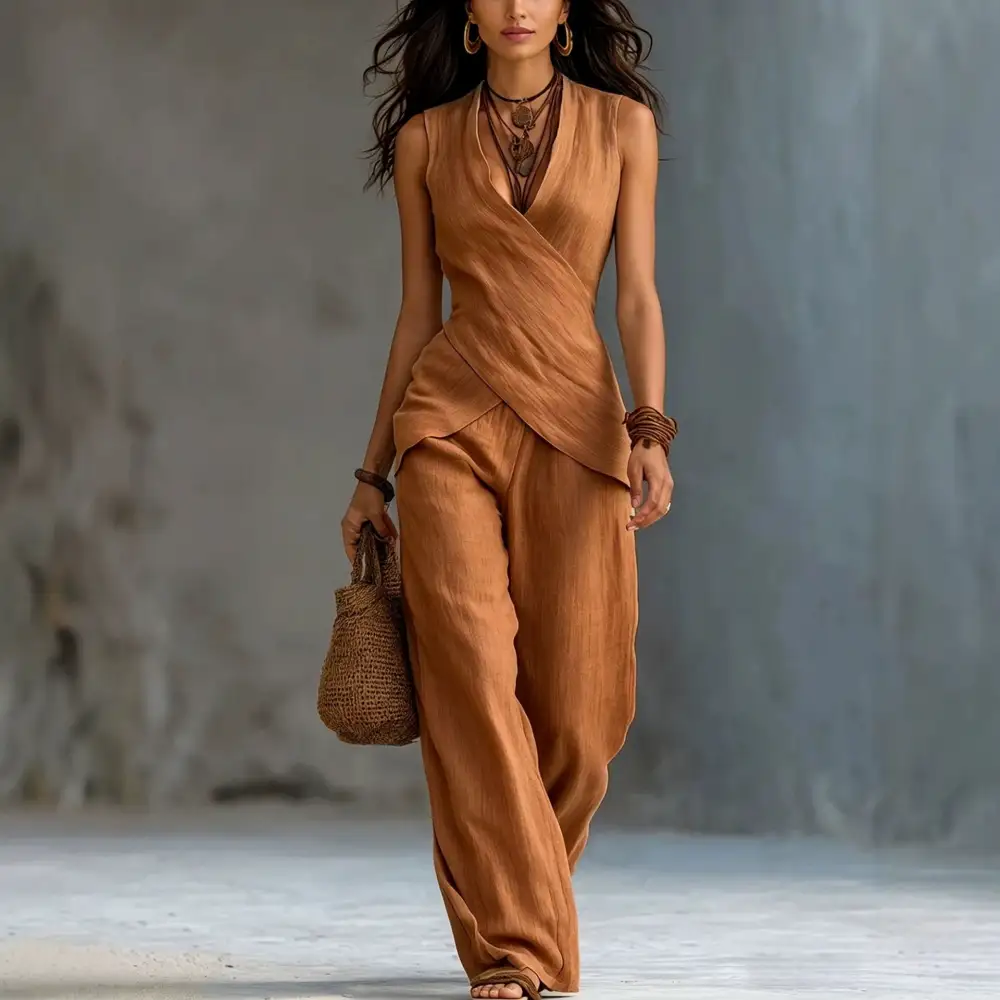 V-Neck Denim Knit Women's Lounge Set