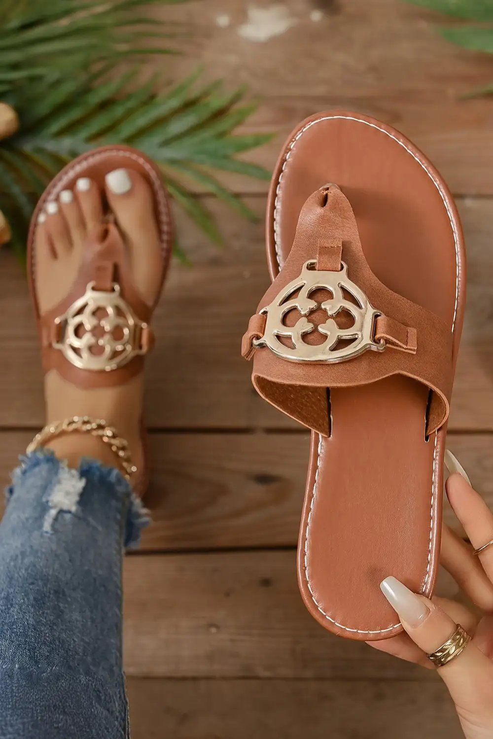 Metal Décor Leather Thong Slide Slippers Casual