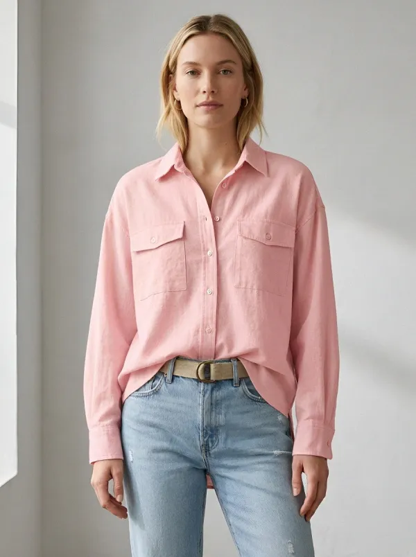 Women's Casual Minimalist Beige Button-Down Pocket Shirt