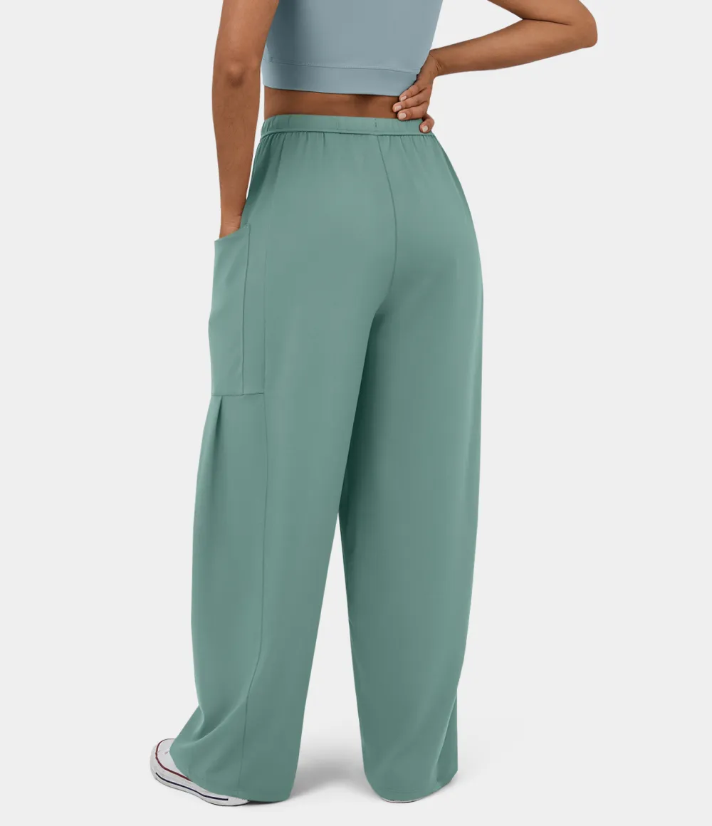 Mid Rise Elastic Waistband Drawstring Side Pocket Palazzo Flowy Wide Leg Casual Pants