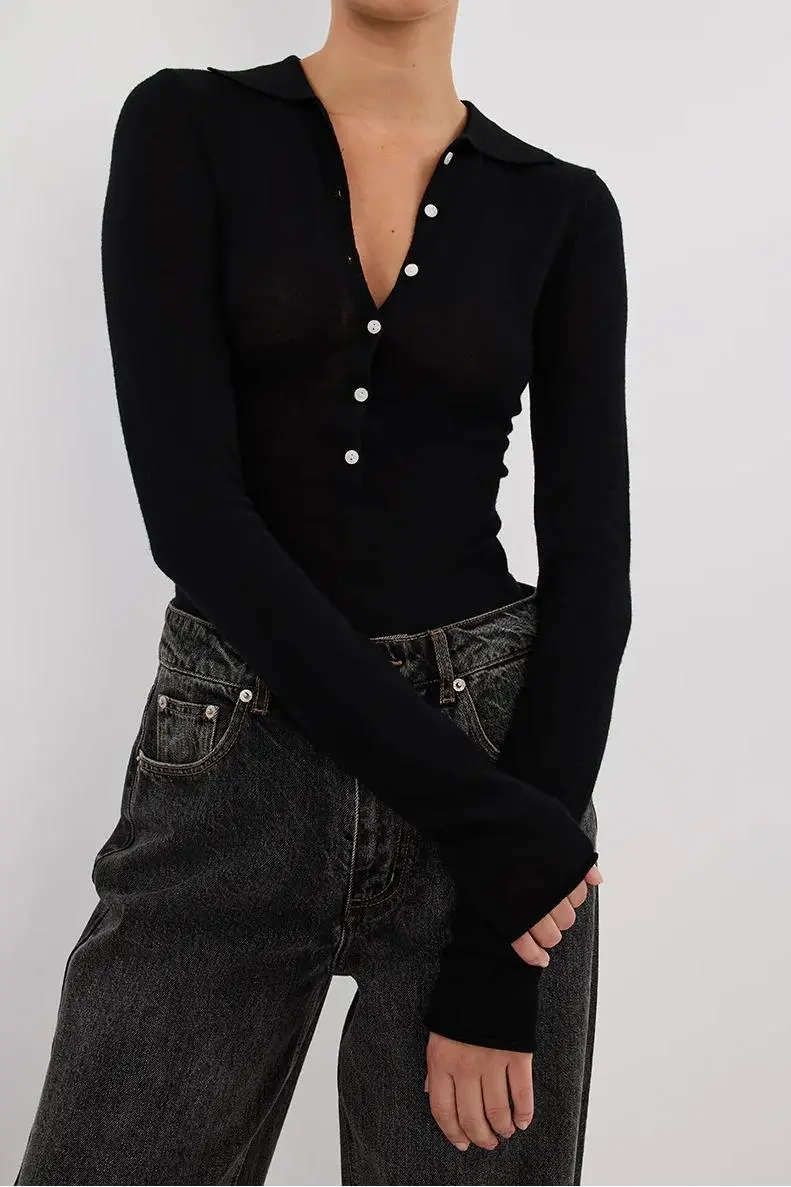 BLACK POLO KNIT TOP