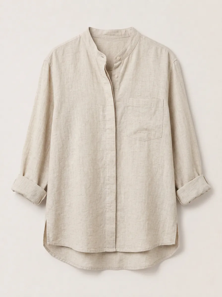 Women's Beige Mandarin Collar Button-Down Shirt with Drop Shoulder