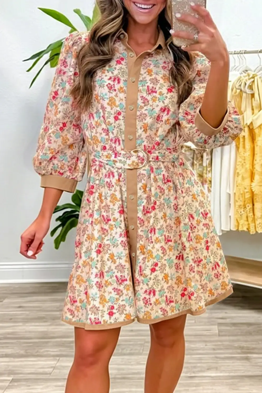 Women's Floral Print Colorblock Tie Waist Mini Dress