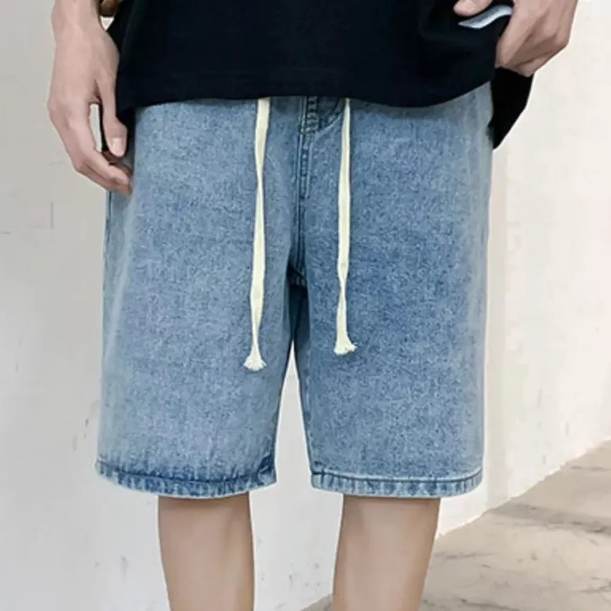 Classic Drawstring Loose Fit Washed Denim Shorts
