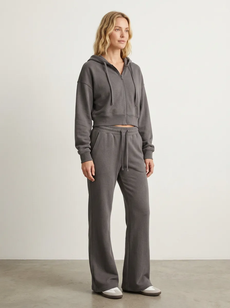 Women's Bold Sport Inspired Cropped Hooded Jacket and Flare Pants Active Set