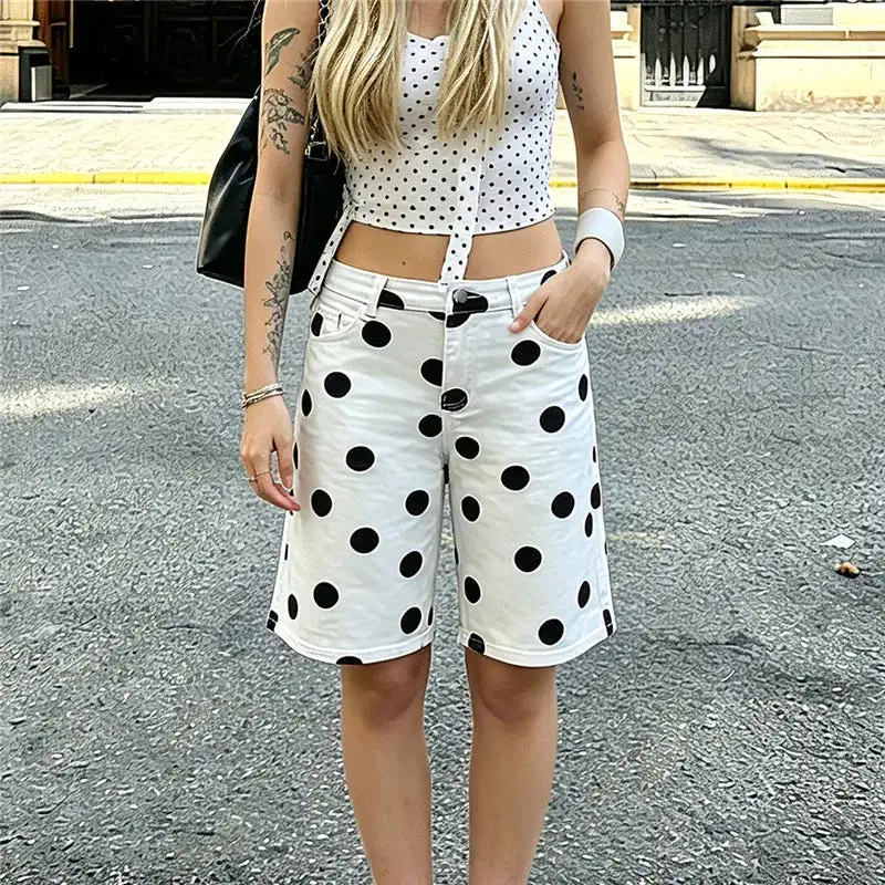 Bermuda Polka-Dot Denim Knee-Length Shorts