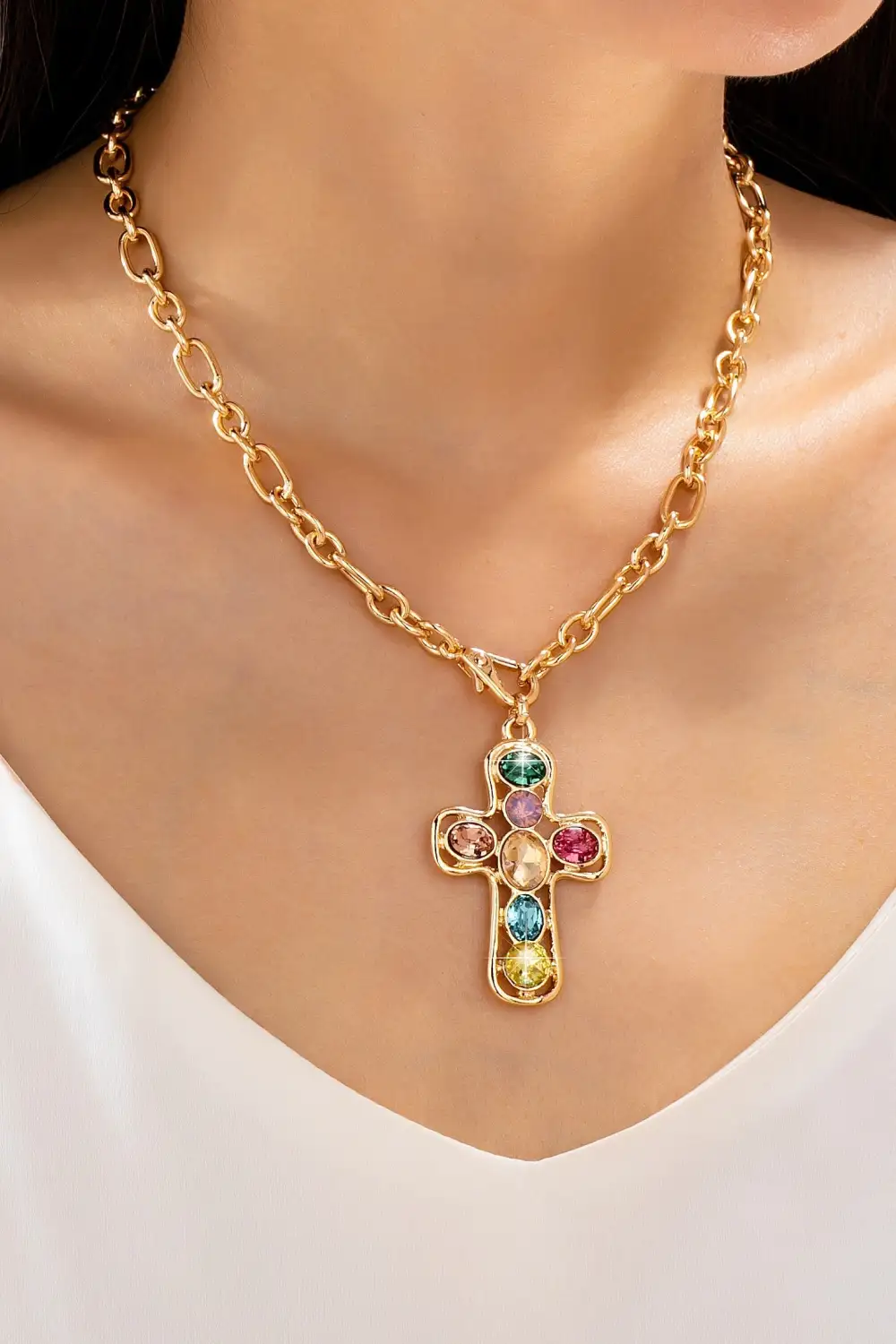 Multi Colored Crystal Cross Necklace