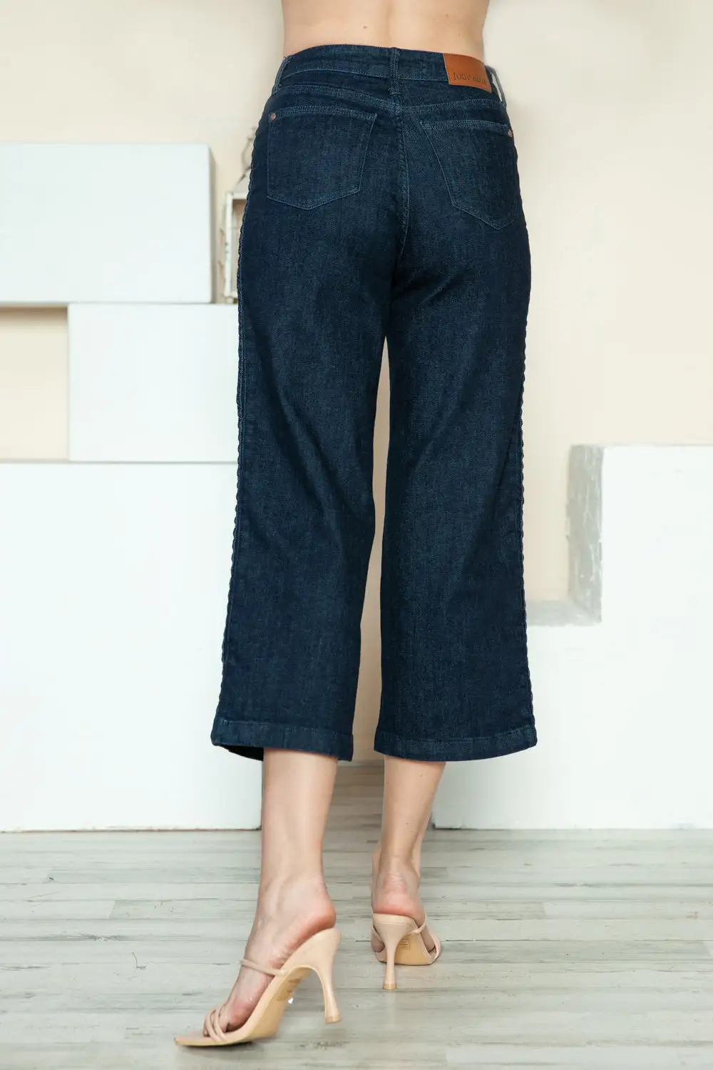 Side Seam Braid Detail Crop Wide Denim Jeans