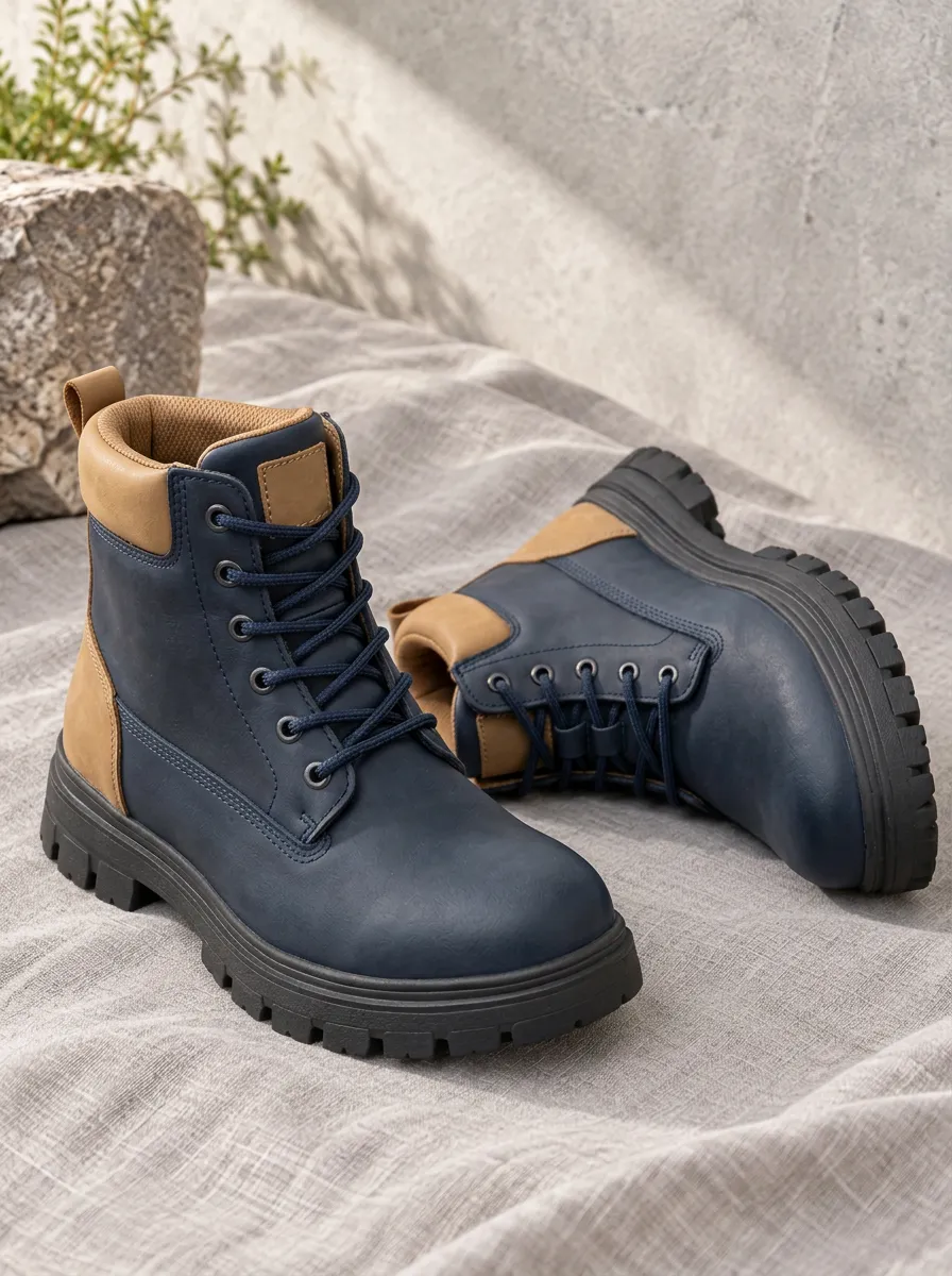 Unisex Two-Tone Blue and Tan Waterproof Work Boots