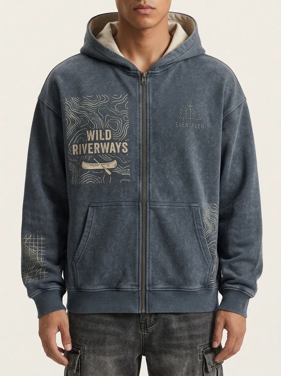 Men's Outdoor Adventure Wild Riverways Topographic Printed Zip Hoodie