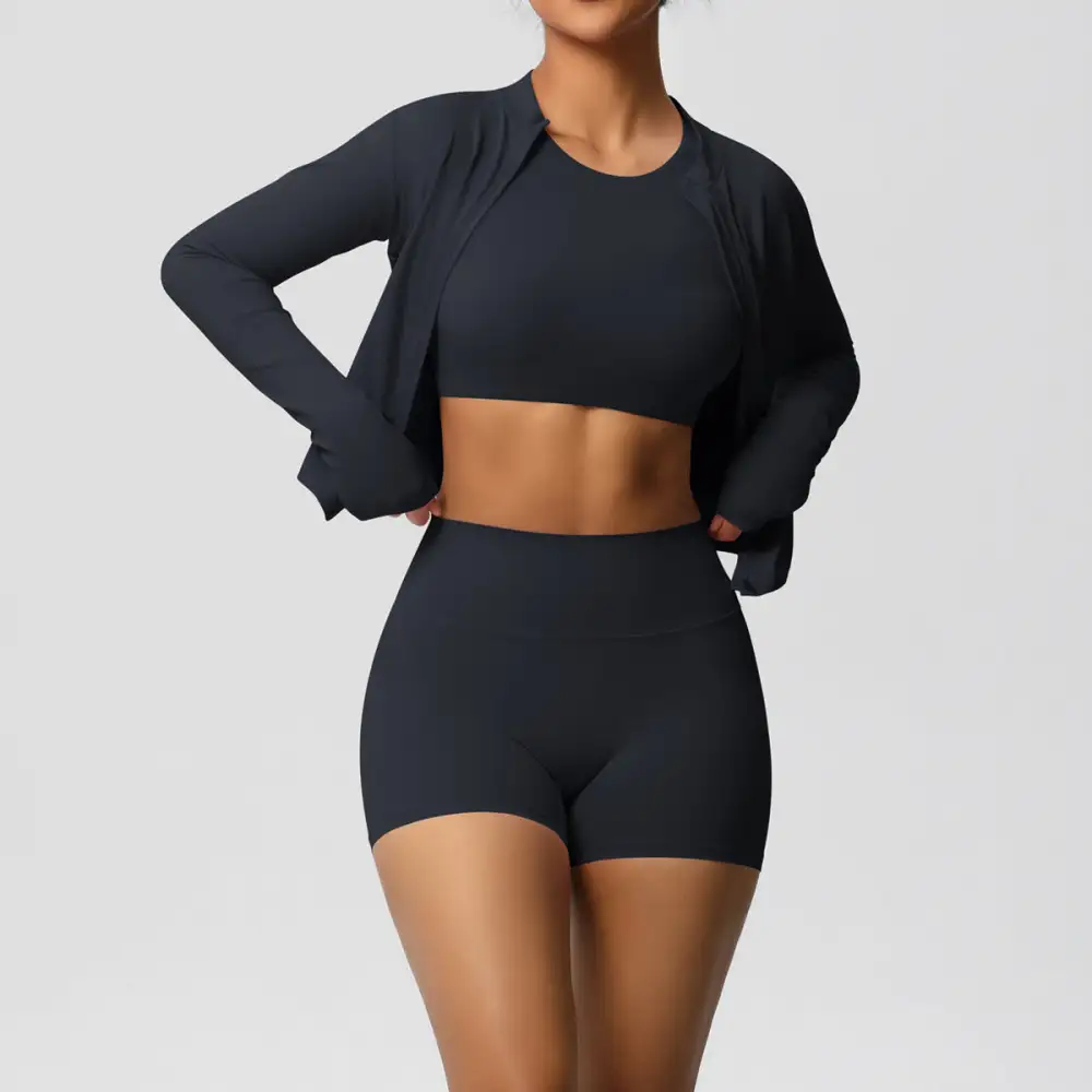 Zip-Front Long-Sleeve Jacket, Bra and Shorts Active Set