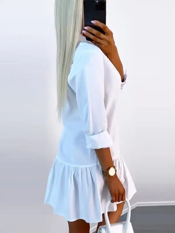 Long Sleeve Relaxed Buttoned Pleated Solid Color Split Joint Lapel Mini