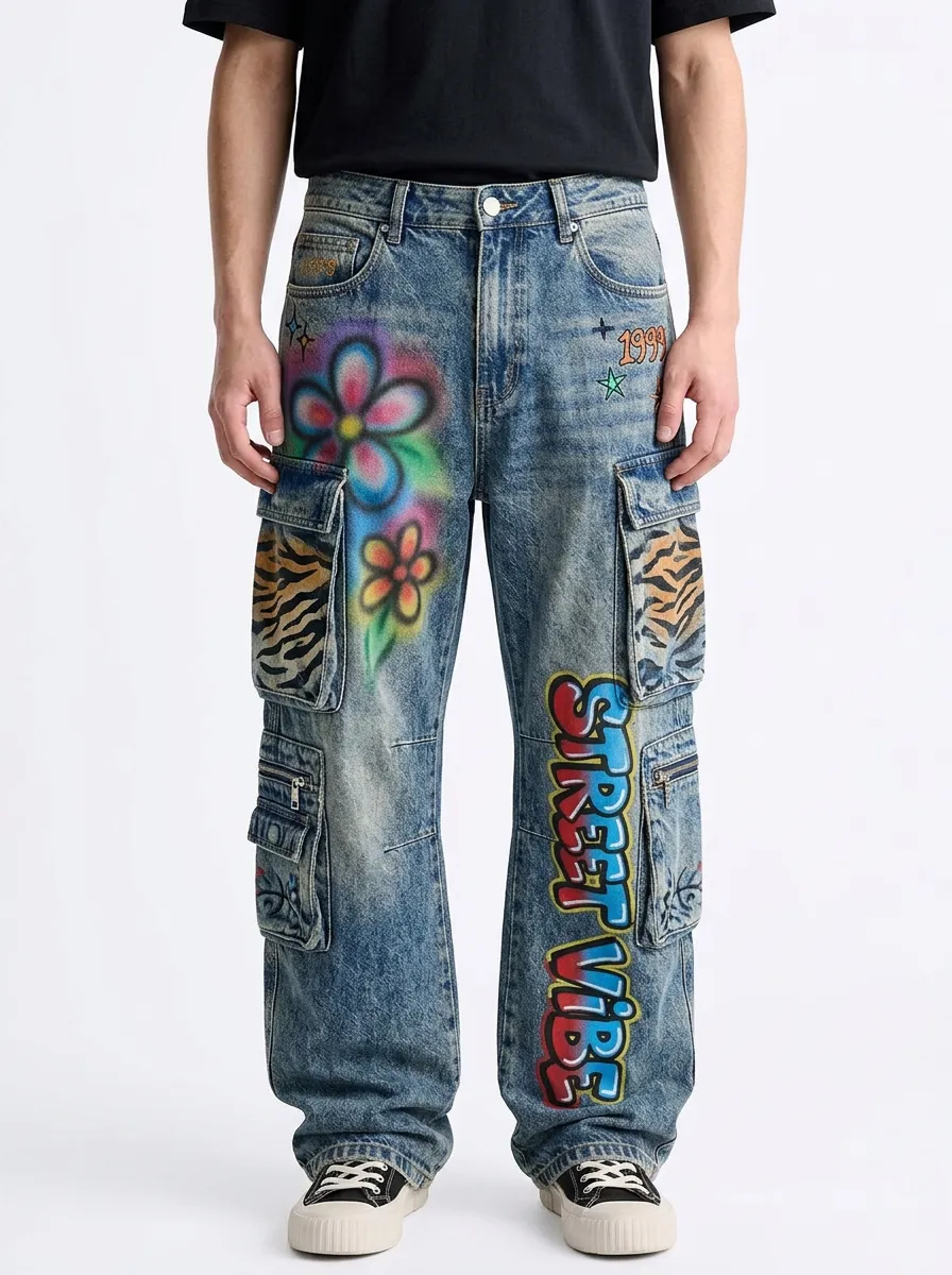 Men's Graffiti Floral Tiger Print Graphic Cargo Jeans