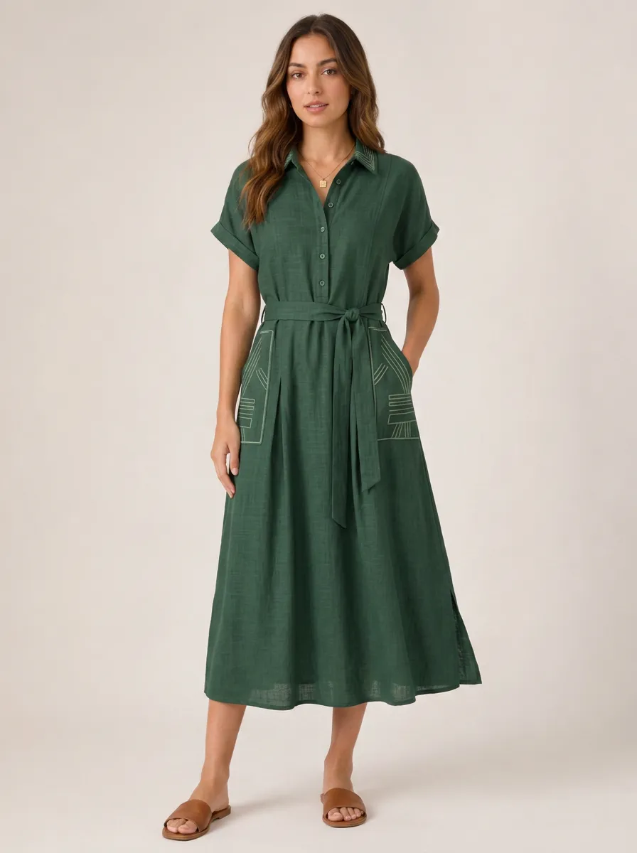 Women's Casual Boho Geometric Embroidered Belted Shirt Dress