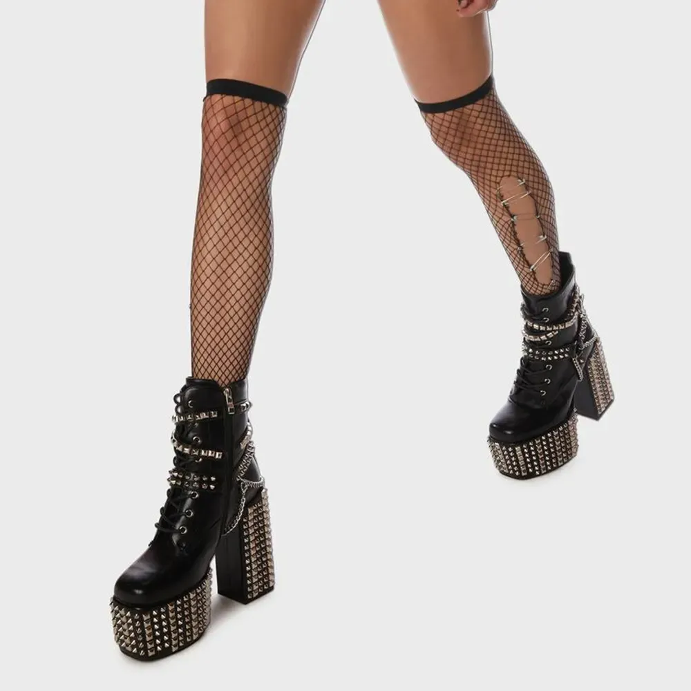 Faux-Leather Rivet-Detail Chain-Detail Buckle-Detail Ankle Boots