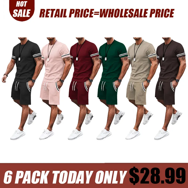 Men's Two-Piece Set: Color-Contrast Trim T-Shirt and Drawstring Shorts