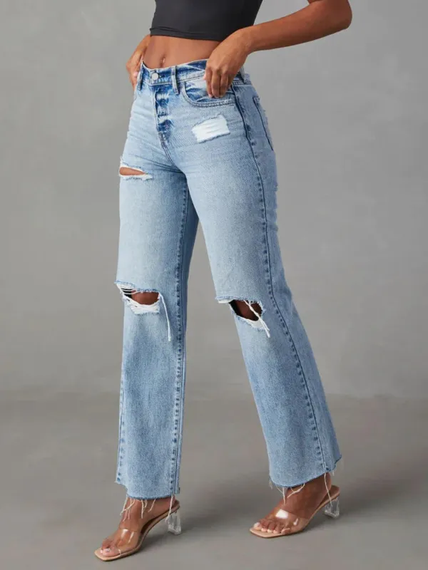 Distressed Washed Pocketed Stretch Straight Leg Jeans