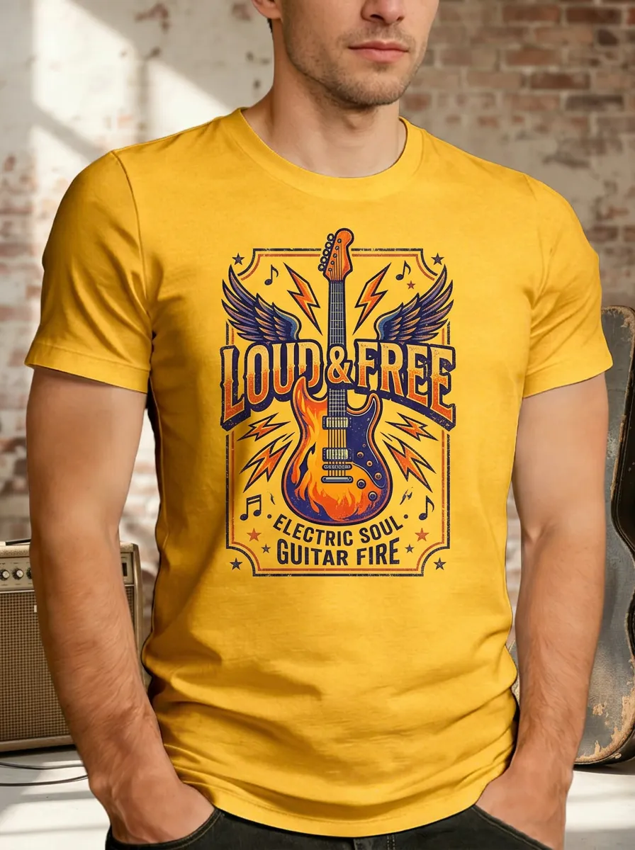 Men's Rock Music Lover Electric Guitar Fire Printed T-shirt