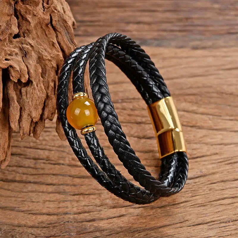 Bead Tiger Eye Amethyst Craved Leather Bracelet