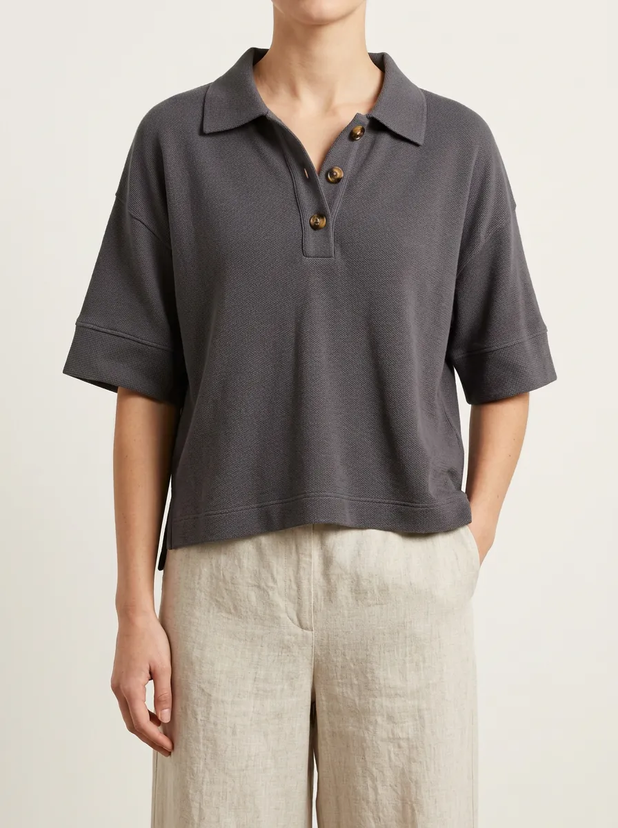 Women's Charcoal Oversized Polo in Waffle Knit Texture