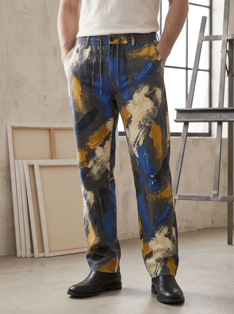 Men's Brushstroke Print Drawstring Trousers