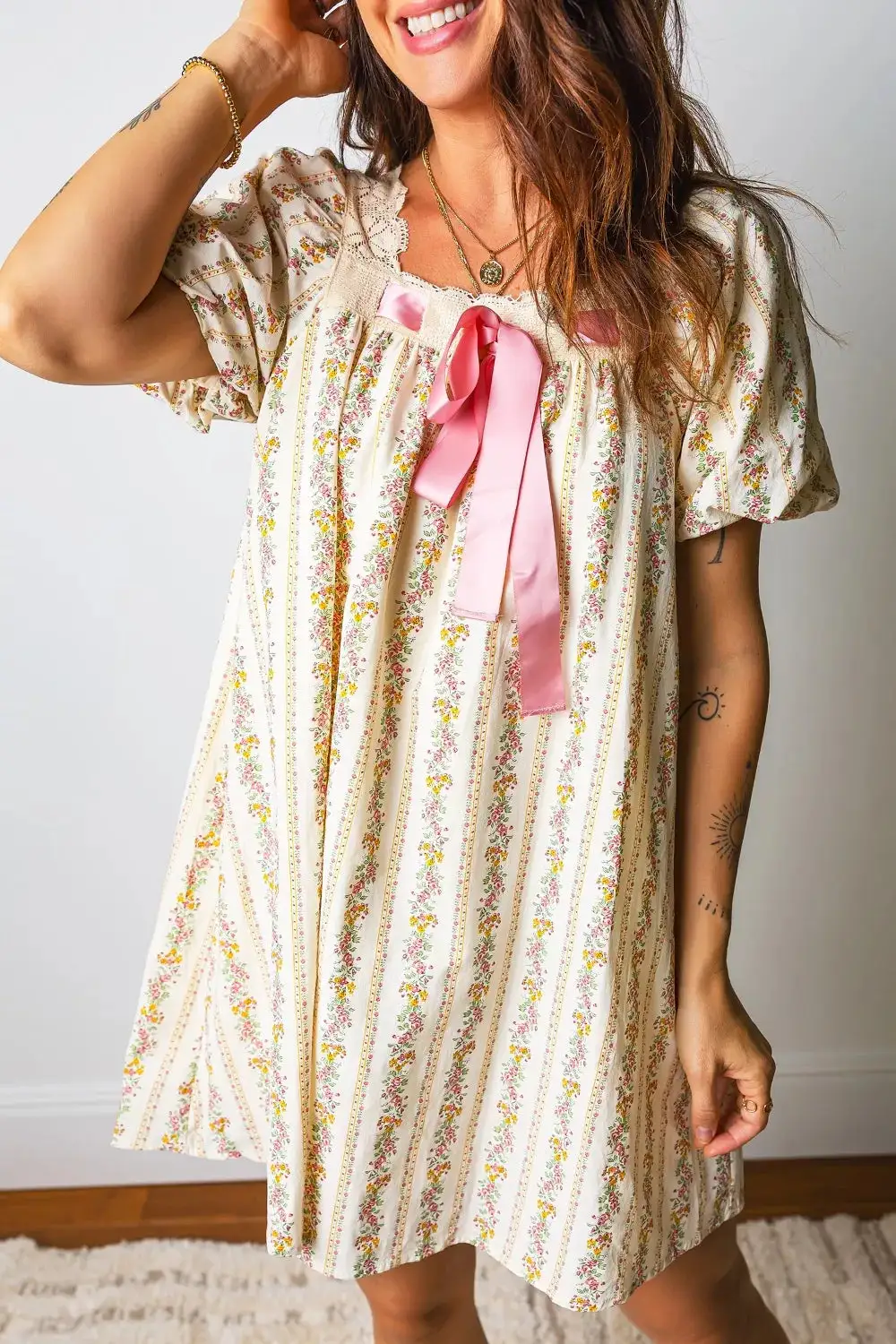 Elegant Square Neck Floral Mini Dress