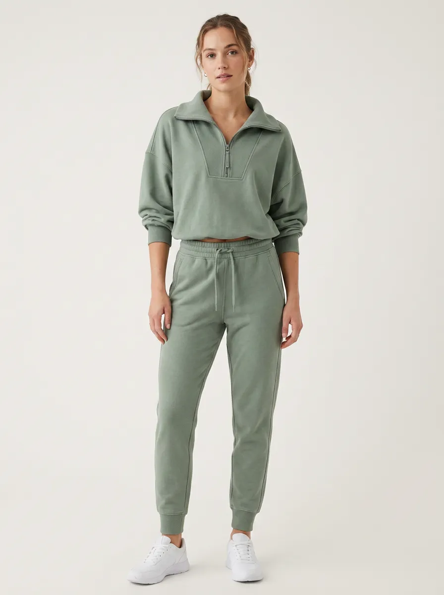 Women's Sage Green Quarter Zip Pullover Jogger Set