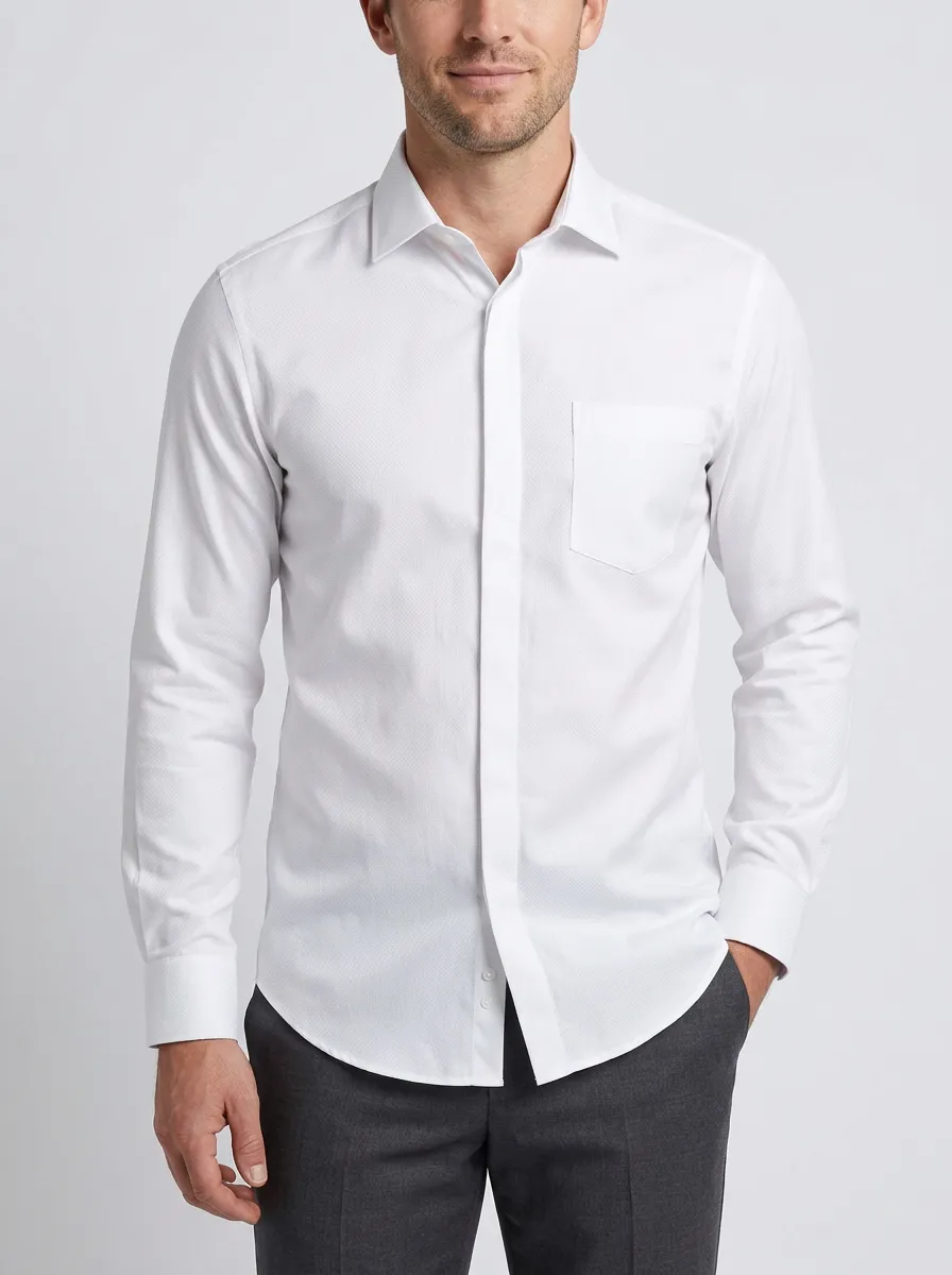 Men's Business Formal White Textured Long Sleeve Dress Shirt