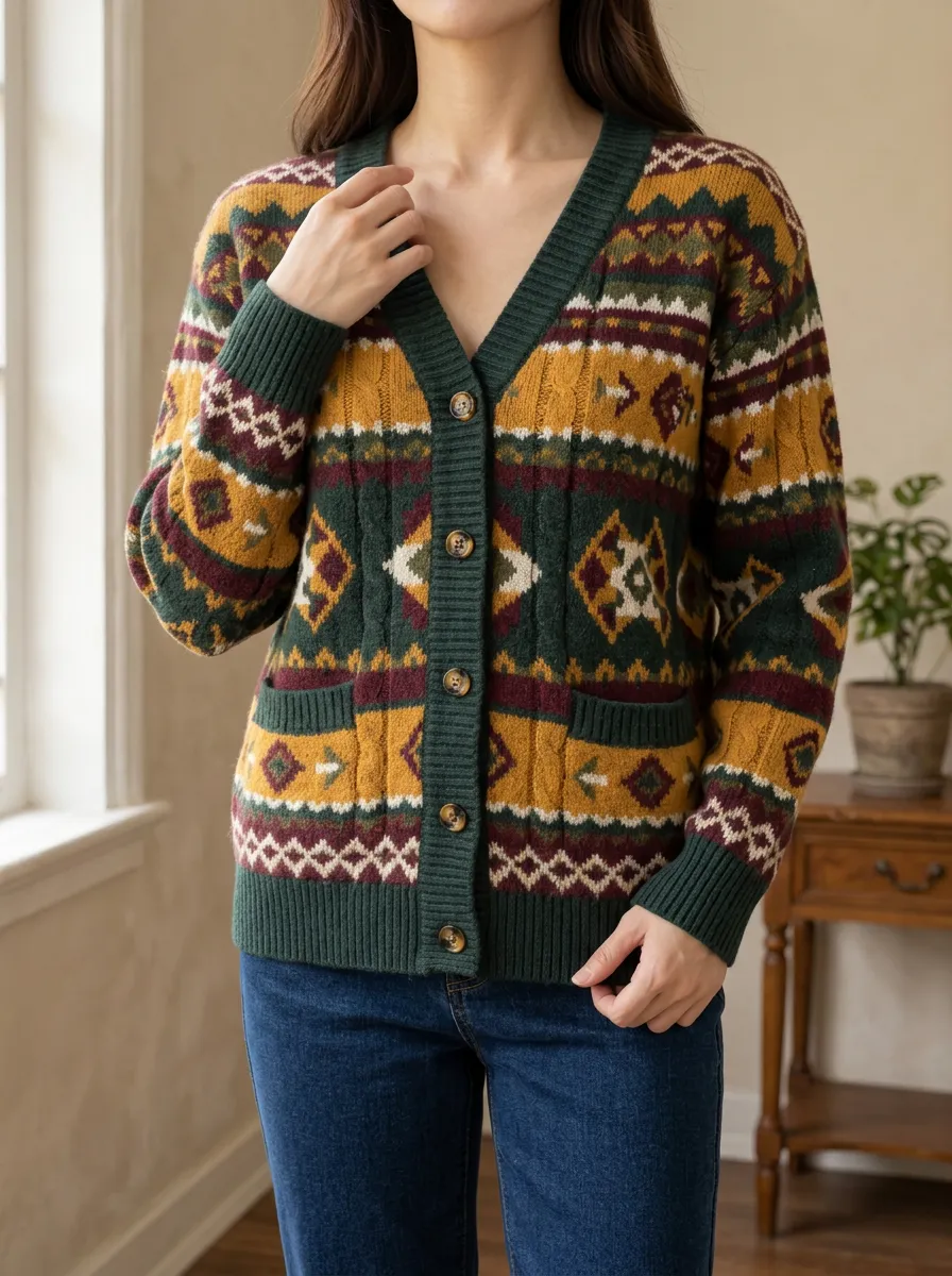 Women's Vintage Boho Geometric Pattern Printed Button Front Casual Layering Cardigan