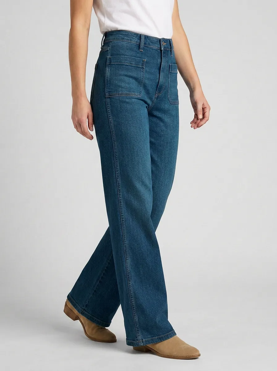 Wide-Leg High-Rise Washed Pocket Denim Jeans