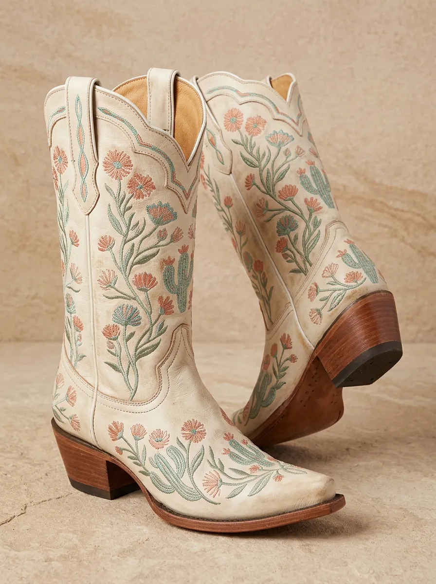 Prairie Cactus Desert Floral Style Unisex Western Cowboy Boots