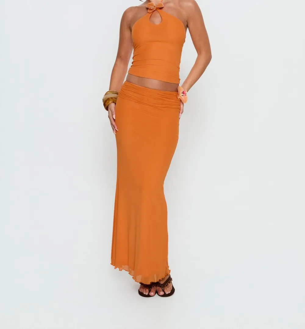 Orange Ruched Floral Maxi Skirt