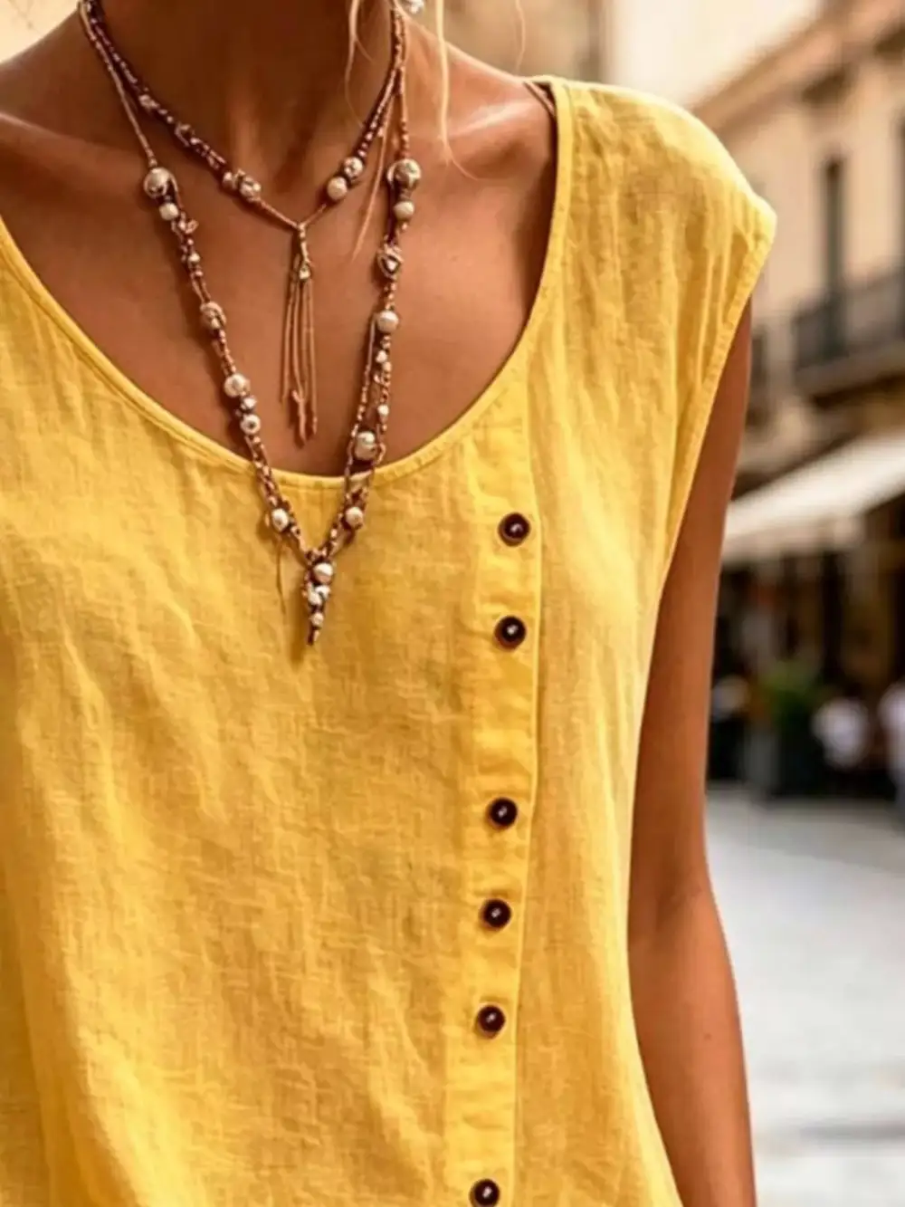 Round-Neck Button-Detail Tank Top