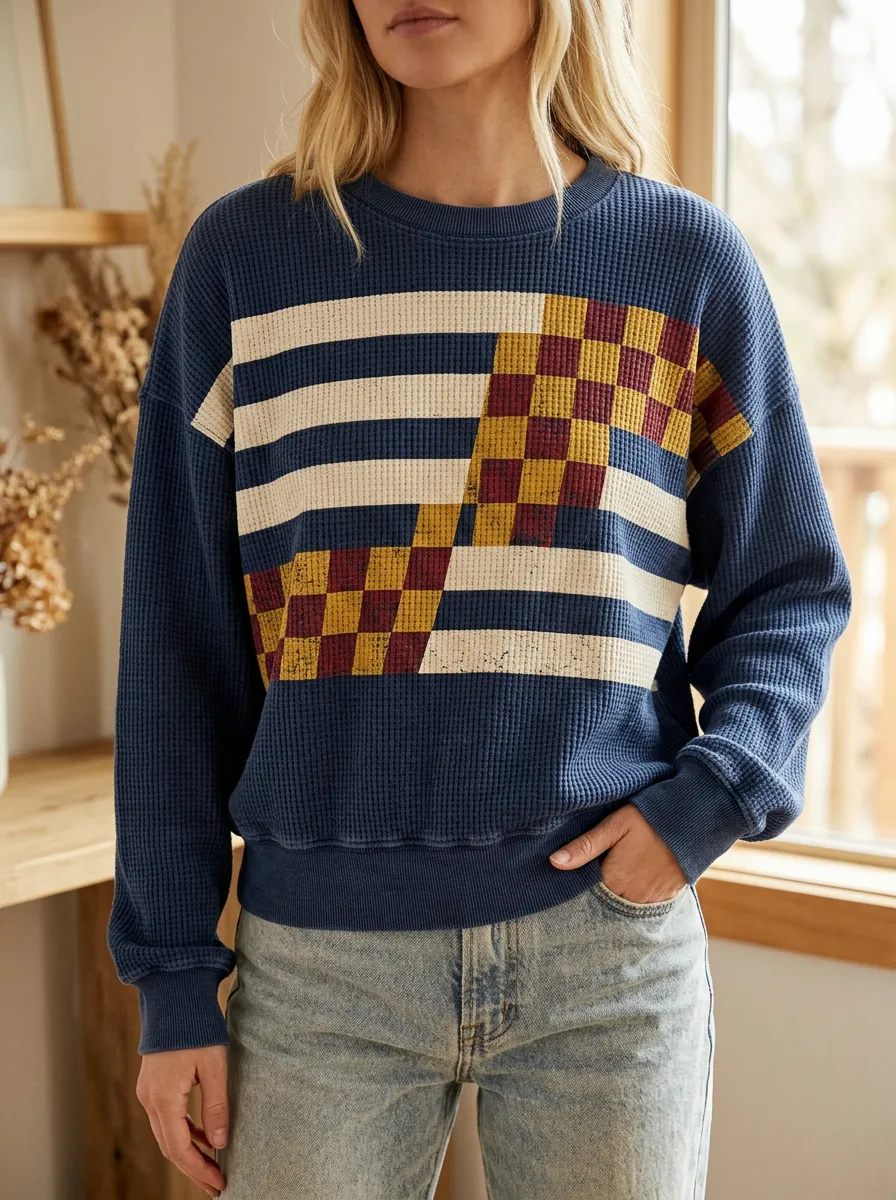 Women's Geometric Checkered Stripe Printed Waffle Knit Sweatshirt