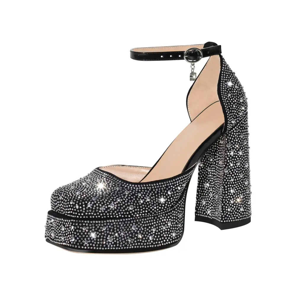 Rhinestone Square Toe Low Platform Chunky Heel Pumps