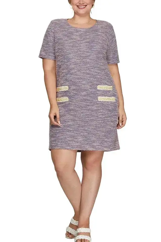 Short Sleeve Pearl Studded Trim Knit Tweed Dress