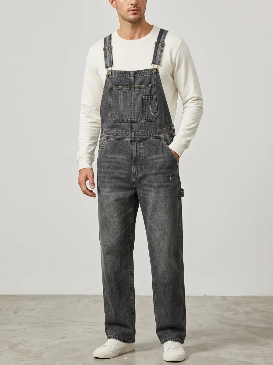 Men's Washed Vintage-Inspired Denim Bib Overalls