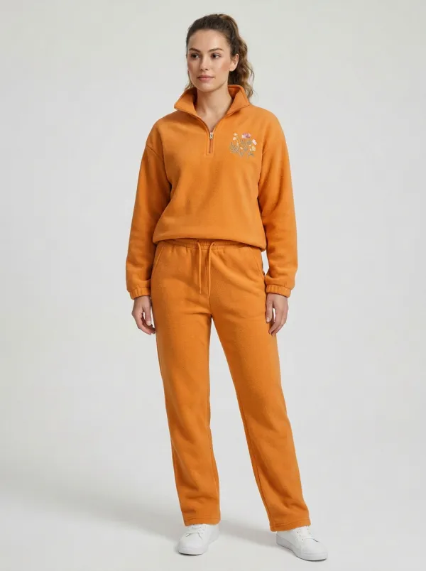 Women's Floral Embroidered Quarter-Zip Fleece Set