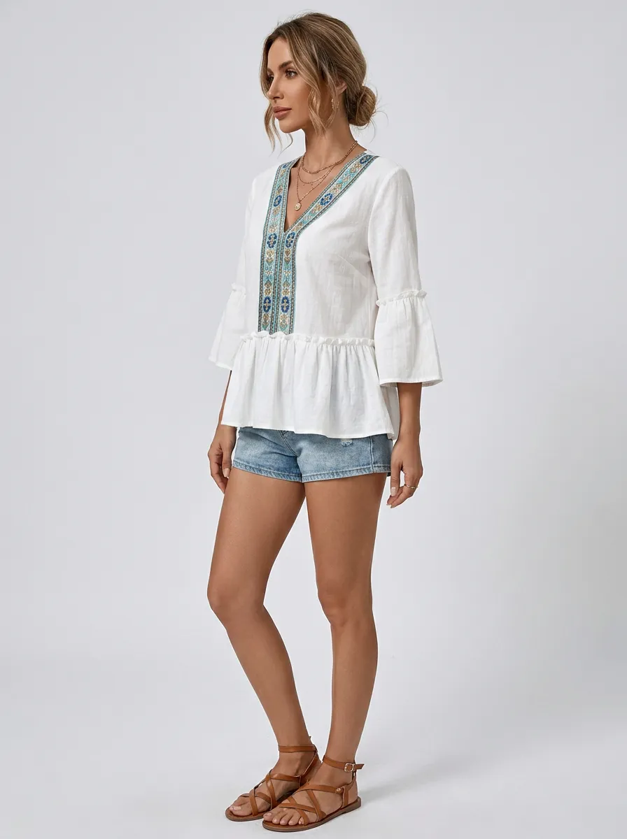 Boho Floral Embroidery Printed Peplum Top