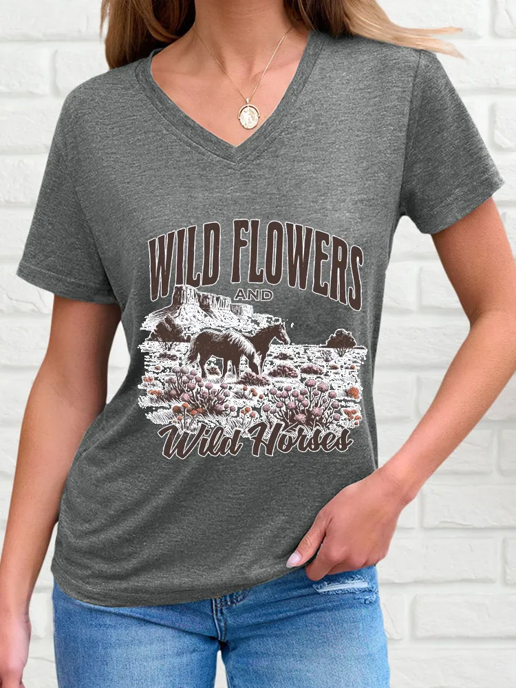 Woman's Wild Flowers And Wild Horses V-Neck And Short Sleeves T-Shirt