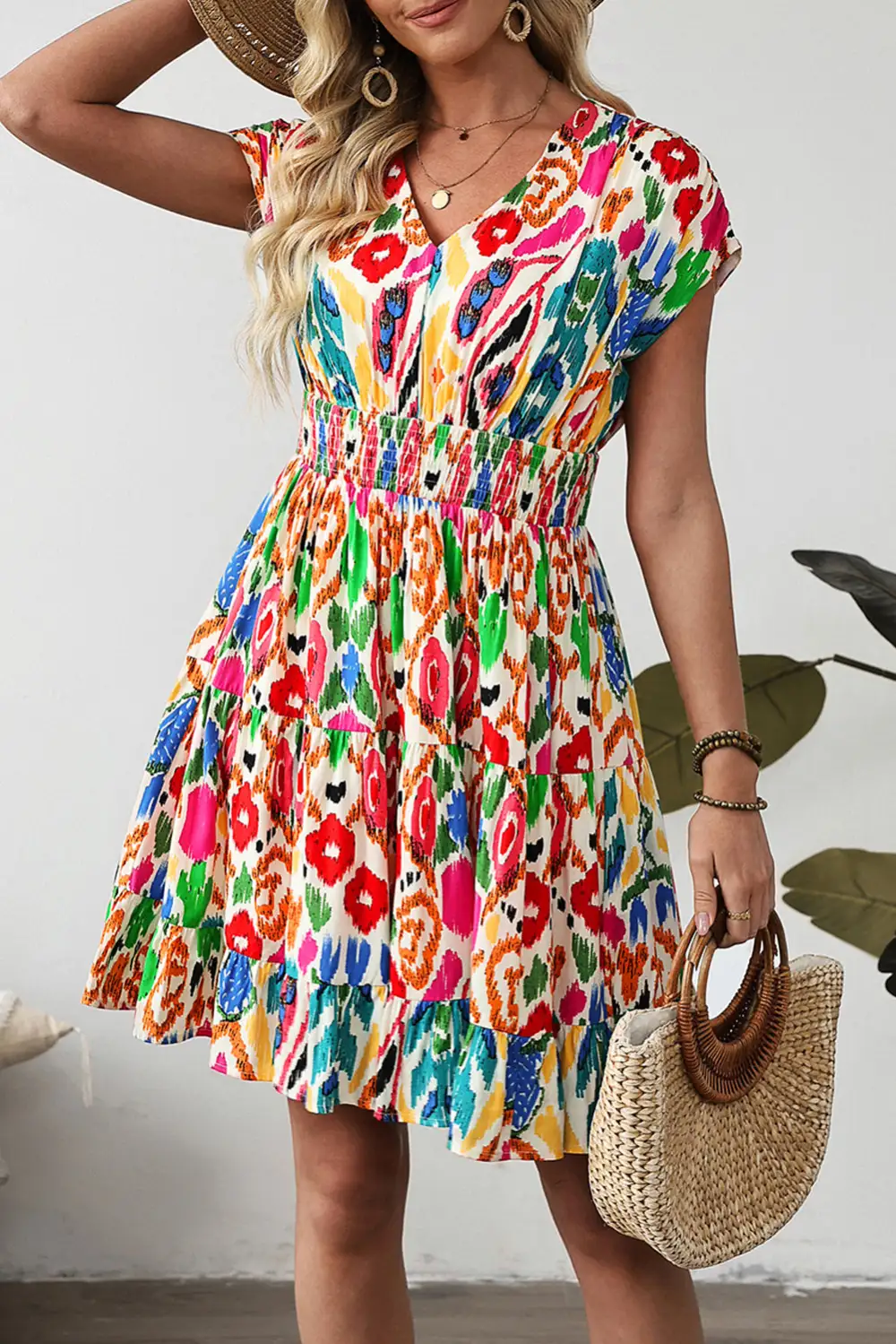Abstract Print Ruffle Trim Tiered Mini Dress