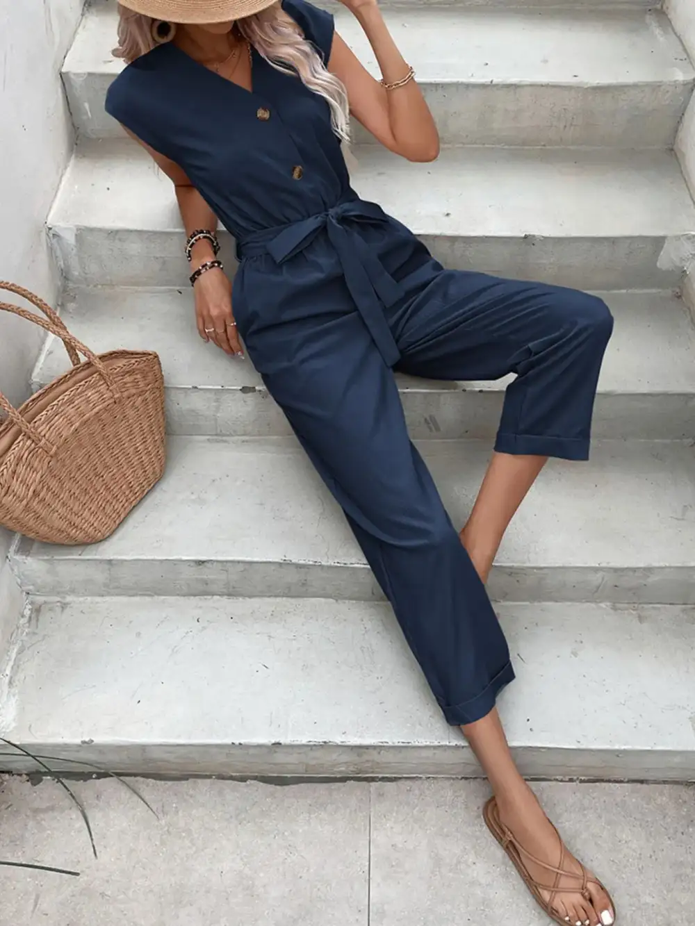Button Front Tie Waist Jumpsuit