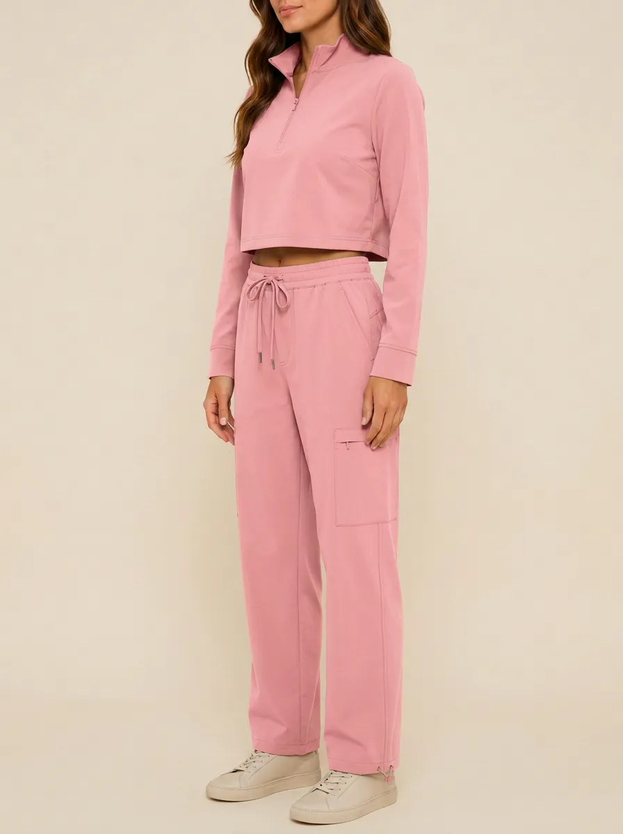 Women's Quarter-Zip Stand-Collar Crop Top and Adjustable-Hem Cargo Pant Set