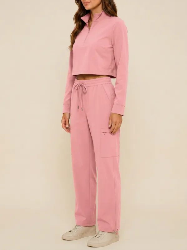 Women's Quarter-Zip Stand-Collar Crop Top and Adjustable-Hem Cargo Pant Set